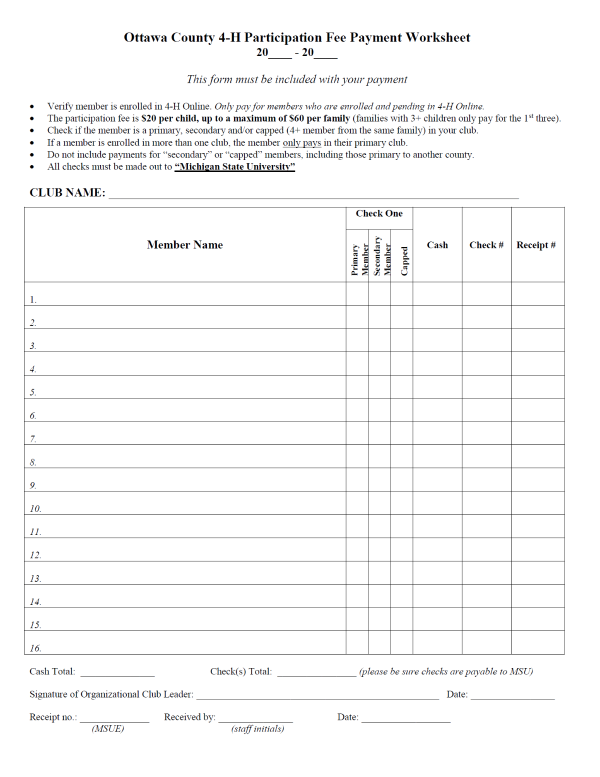 This is the Ottawa County 4-H participation fee payment form.