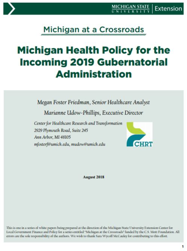 Michigan Health Policy for the Incoming 2019 Gubernatorial Administration cover