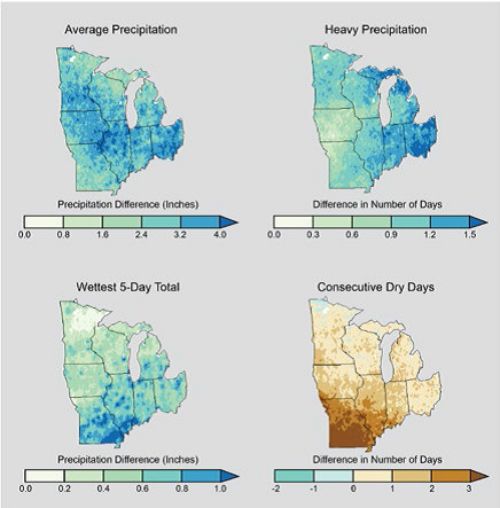 Maps show projected changes for the middle of the current century (2041-2070) relative to the end of the last century (1971-2000) across the Midwest under continued emissions. Source: NOAA NCDC / CICS-NC.