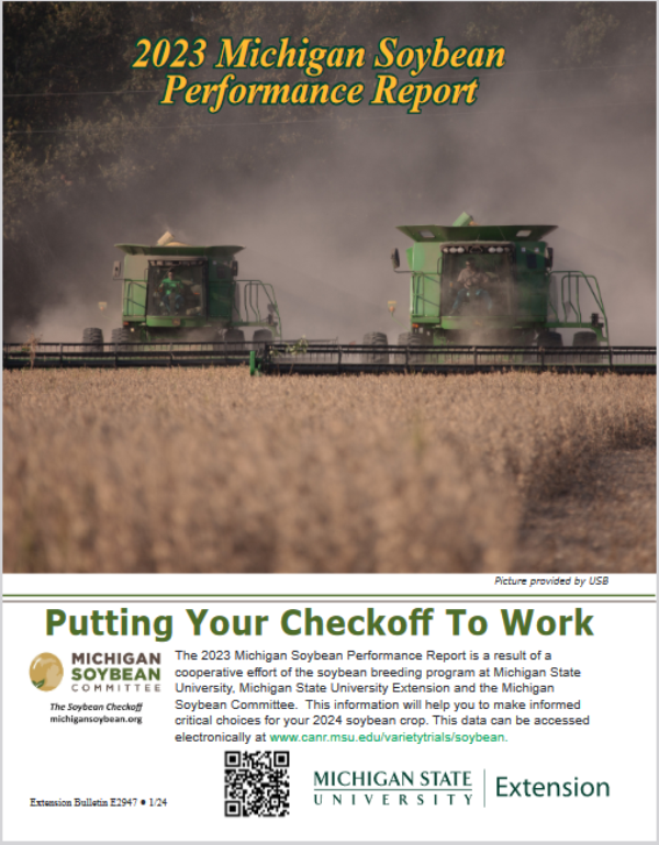 Front page of soybean report with 2 combines in a soybean field.