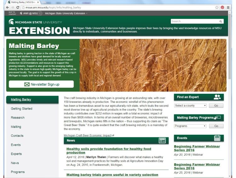 New homepage for the MSU Extension malting barley website.