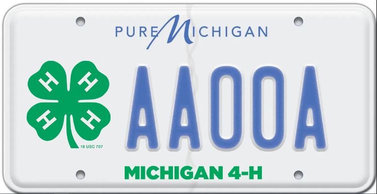 A white license plate with the green 4-H  clover and Michigan 4-H.