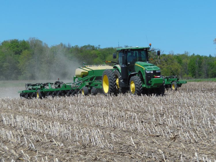 Planting soybeans in field