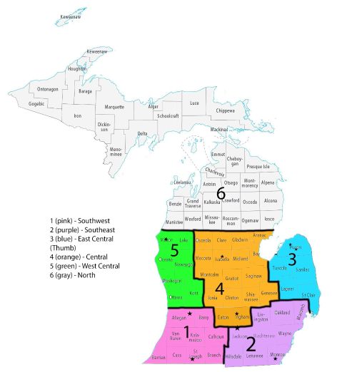 A map of Michigan with colored sections to represent wheat watcher zones.