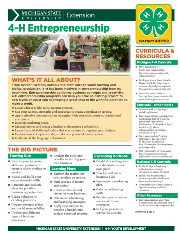 4-H Entrepreneurship Snapshot Sheet cover.