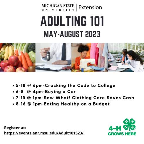 Adulting 101 May through August with pictures of fruit, person holding keys to a car, person sewing, young people writing around a table.  MSU Extension Logo and 4-H Grows here logo also included