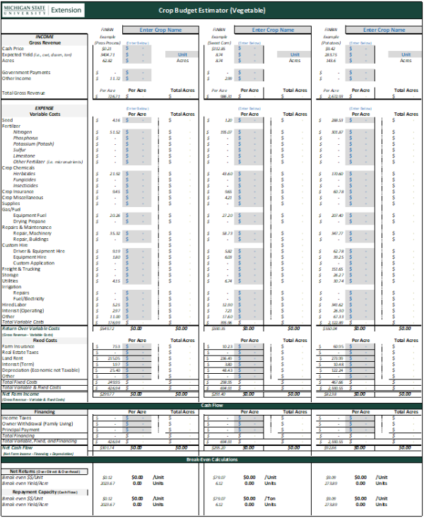 Front page of estimator budget tool