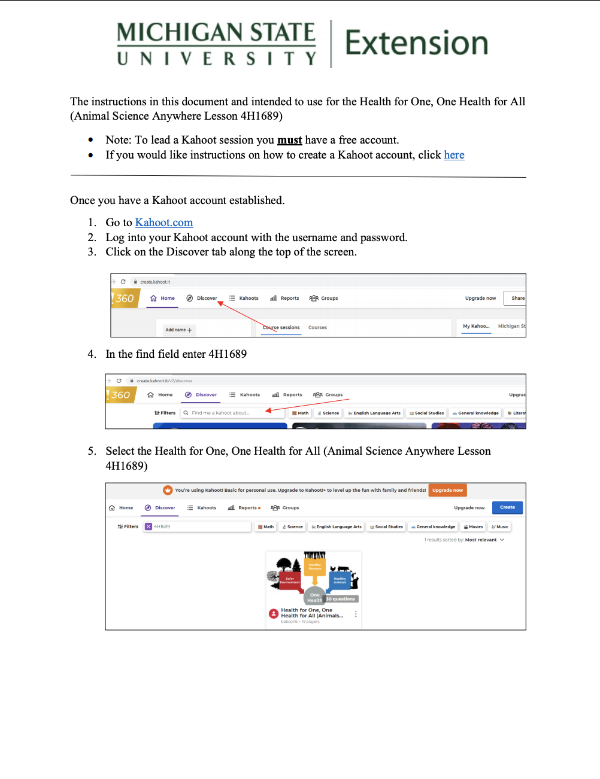 Screenshot of the first page of the Kahoot instructions. It shows screenshots of Kahoot to help user better understand how to access and set up the activity.