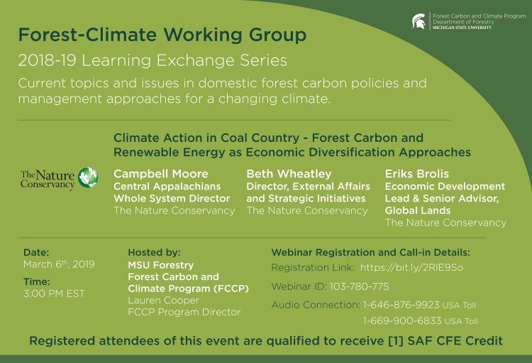 Announcement for The Nature Conservancy's March 6th FCWG Learning Exchange Series Session.