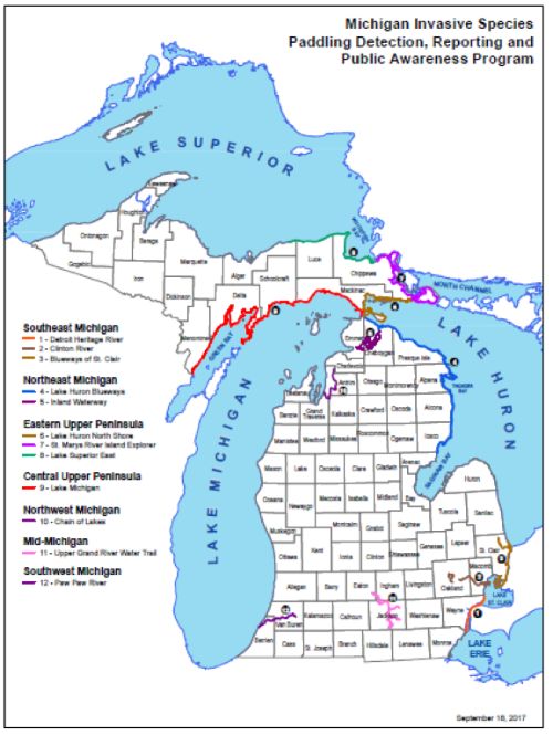 The Paddling Detection, Reporting and Public Awareness Program will be conducted statewide on and around 12 established Michigan water trails. Map Credit: Land Information Access Association