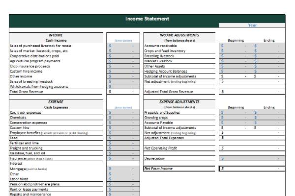 MSU Income Statement Template Farm Management