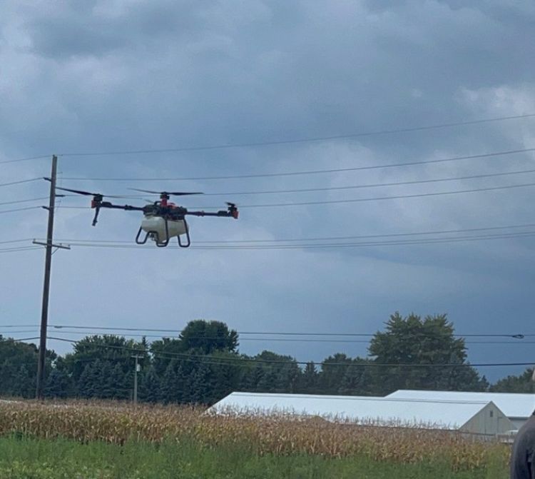 A spray done applying fungicides to a field of crops.