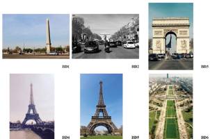 Group of images of monuments and streets in Paris representing photos from a theme that are also diverse content.