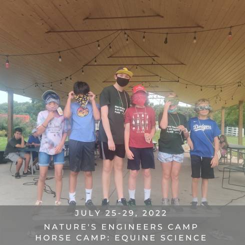 Campers standing on a balance with eyes blindfolded. Happy and perfectly balanced.