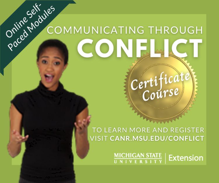 person talking on a green background that advertises the communicating through conflict course discussed in this article