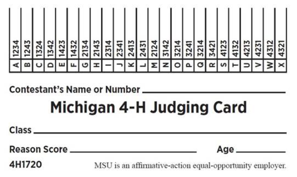 Michigan 4H Judging Card 4H1720