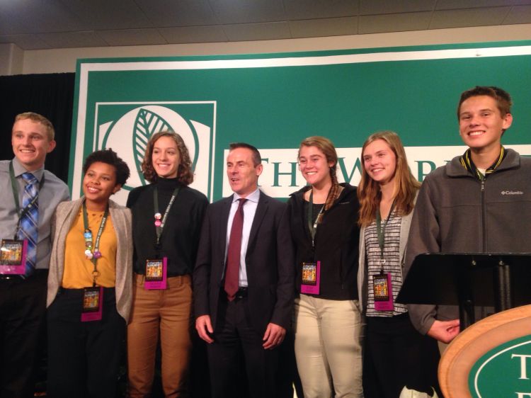 Andrew Smith (right) at the 2016 World Food Prize Global Youth Institute with Liam Condon (center), President, Crop Science and Board Member, Bayer AG.