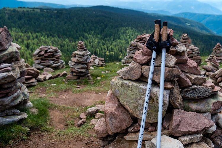 Hiking poles resting against rocks.