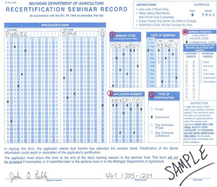Photo 1. For tips on filling out the recertification seminar record, or “the bubble sheet,