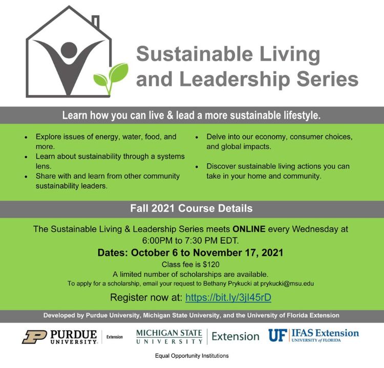 Flyer detailing topics covered by Sustainable Living and Leadership Series, along with course details and registration information.