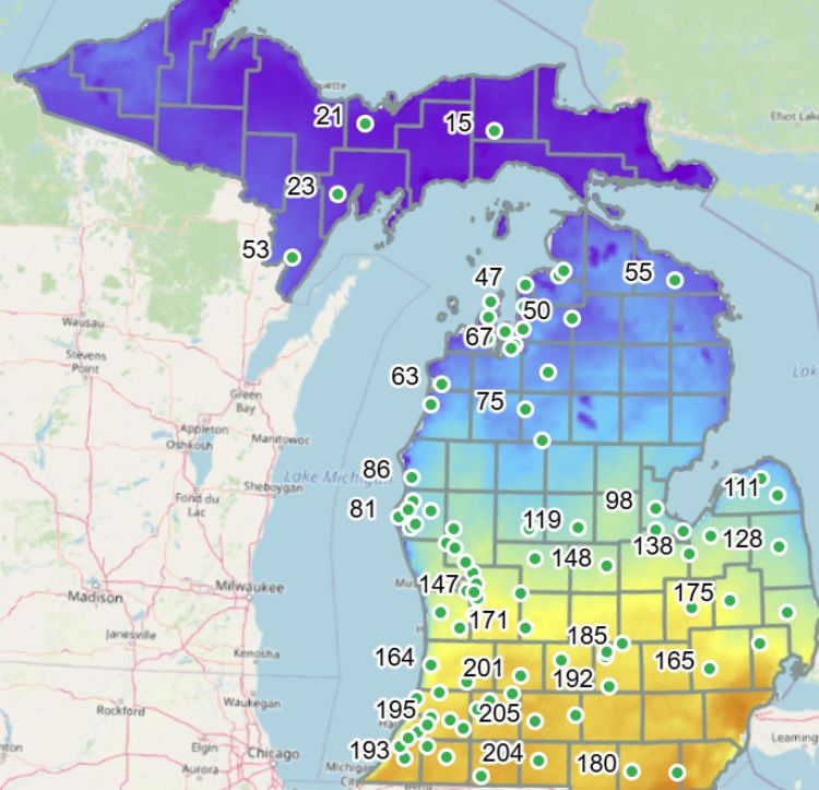 A map of Michigan showing the different growing degree day accumulations by region.