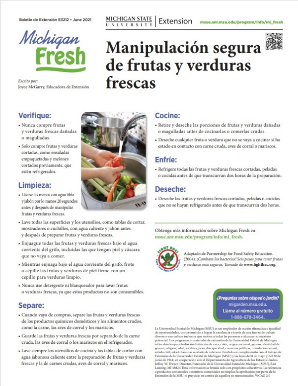 Front of Spanish version of Safe Handling of Fruits and Vegetables bulletin.