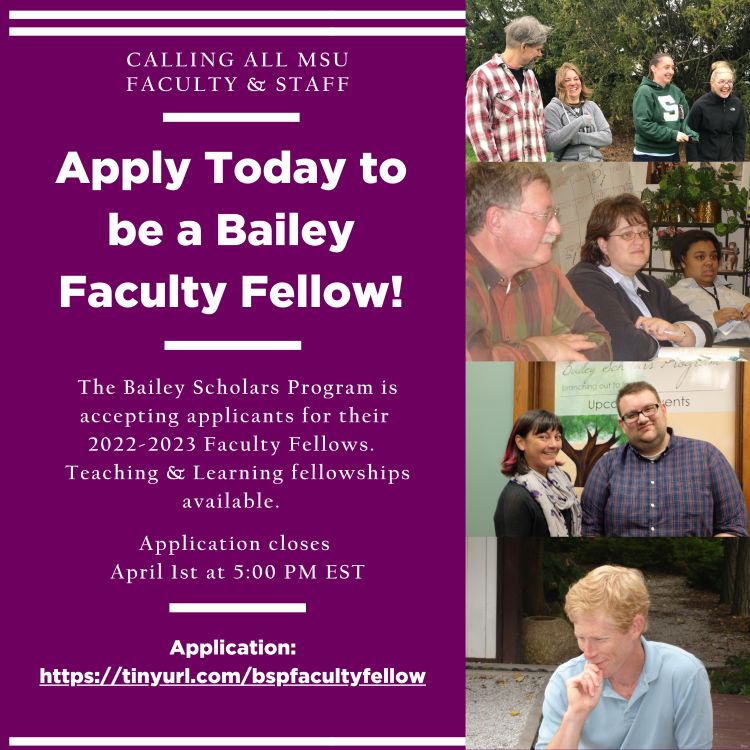 Flyer recruiting faculty to apply for the faculty fellow position with four images of previous faculty fellows.