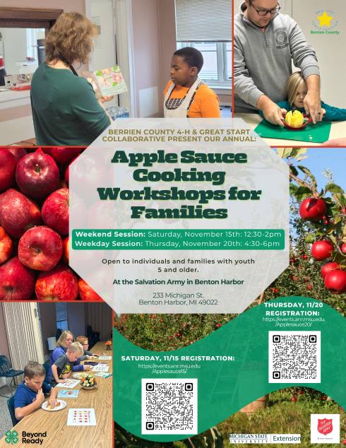 Apple Sauce Cooking Workshops for Families with image sof apples and youth participating in activity