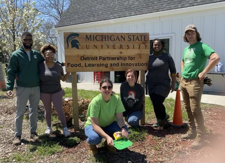 From left to right: Naim, Olivia, Jacki, Kat, Detra, and Devin. The apprentices and interns work at the site, learn urban agriculture and forestry skills, and lead a program or research project of their own during their time with DPFLI.