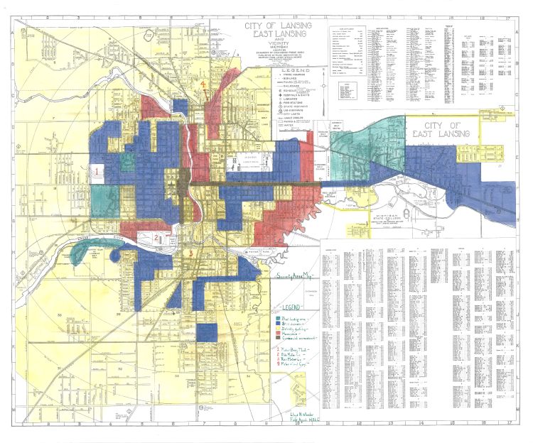 Map reflecting redlining policies in Lansing and surrounding areas.