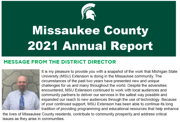 front cover page of the annual report with green background, title in white, bold font and a note by the district director