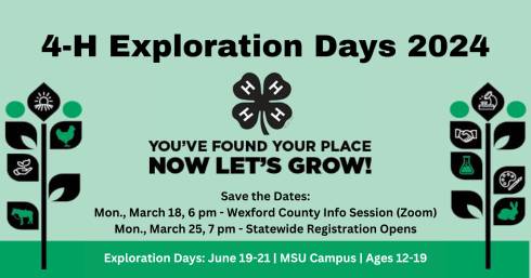 Graphic with plant and activity icons detailing the save the date information: Monday, March 18, 6 pm - Wexford County info session (zoom), Monday, March 25, 7 pm, registration opens. Exploration Days June 19-21, 2024, MSU campus, ages 12-19.