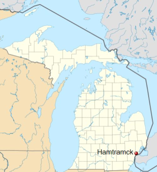 Map of Michigan with City of Hamtramck indicated in the southeast region.