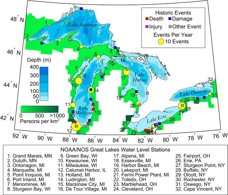 Map of meteotsunamis reported in the Great Lakes. Image from Scientific Reports 6, Article number: 37832 (2016), used with permission.