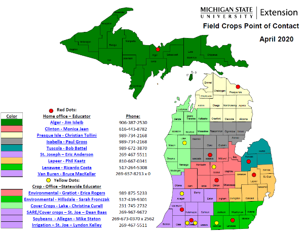snapshot of a map of Michigan with color coded sections depicting field crop educator coverage areas