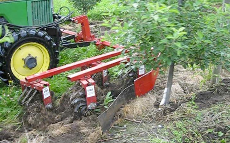 The Wonder Weeder front-mounted implement used for strip cultivation in a Michigan apple orchard.