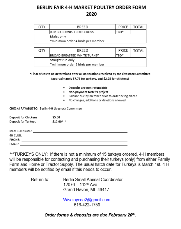 This is an image of the Berlin 4-H Market Poultry Order Form.