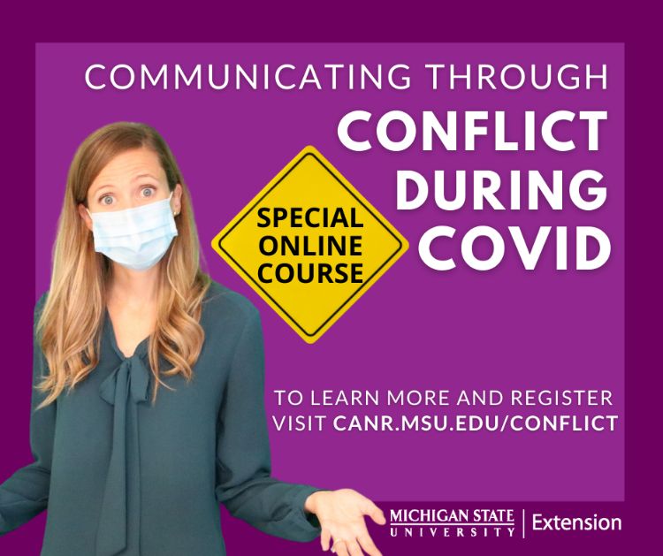 person in a mask on a purple background that advertises the communicating through conflict during covid-19 course discussed in this article