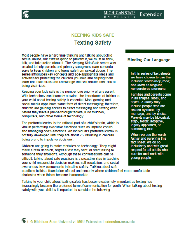 Screenshot of the first page of the digital document on Keeping Kids Safe: Texting Safety