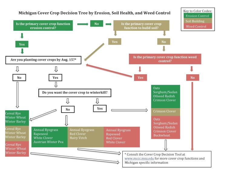 Figure 1. Michigan Cover Crop Decision Tree by Erosion, Soil Health, and Weed Control. Christina Curell, Michigan State University Extension