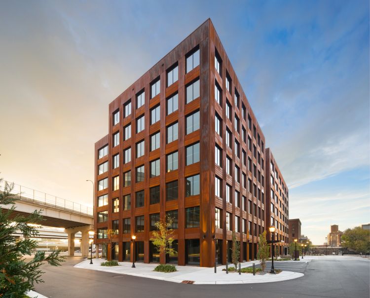 This photo shows the T3 Building in Minneapolis was constructed using cross-laminated timber, or CLT.