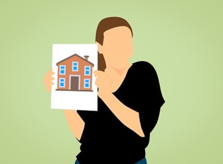 A cartoon woman holding up a picture of a house