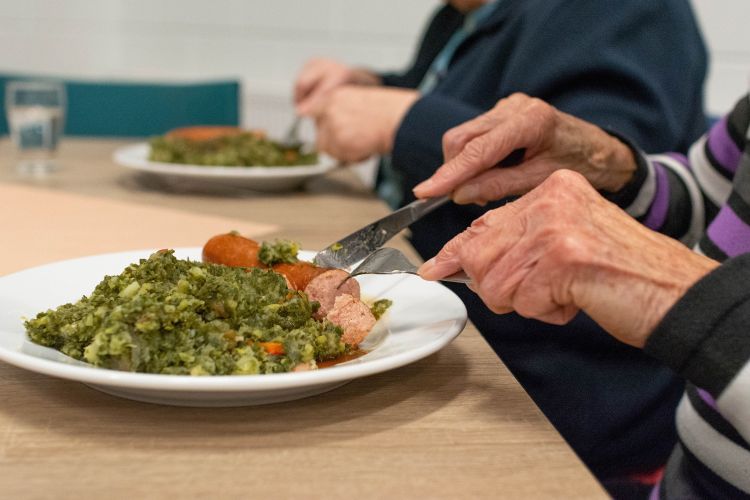 Image of senior citizen's hands using knife and fork to cut into a plate of cooked vegetables.