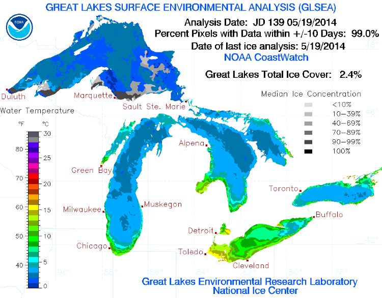 It might be surprising to know that as of May 19, approximately 2.4 percent of the Great Lakes were still covered by ice. Photo credit: Great Lakes Environmental Research Laboratory (GLERL).