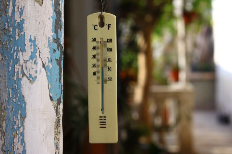 Outdoor thermometer hanging by a pole.
