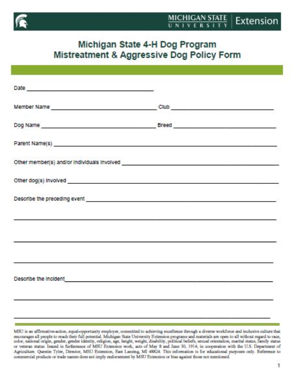 Thumbnail of Michigan State 4-H Dog Program Mistreatment & Aggressive Dog Policy Form document