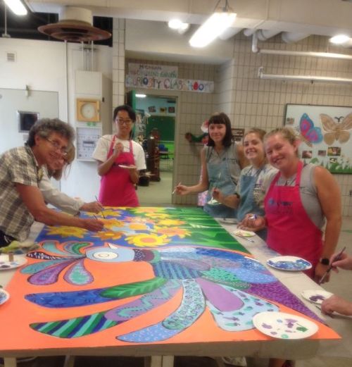 Painting the mural.