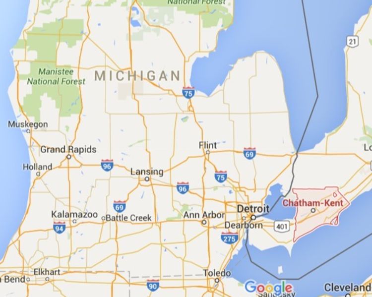 Google map showing location of Kent County, Ontario near Michigan.