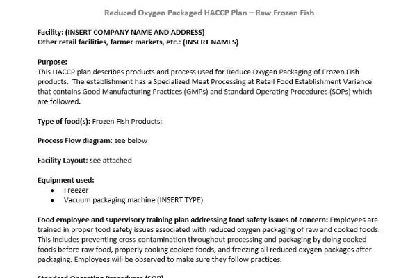 Reduced Oxygen Packaged HACCP Plan Raw Frozen Fish Meat Processing