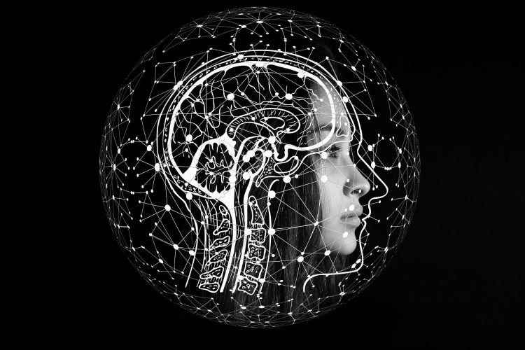 Picture of a girl's face imposed on a picture of a brain and spine with constellations.